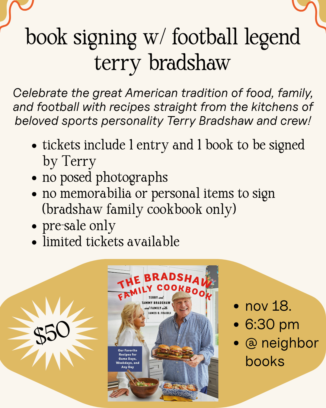Nov 18th Terry Bradshaw Author Signing + Bradshaw Family Cookbook